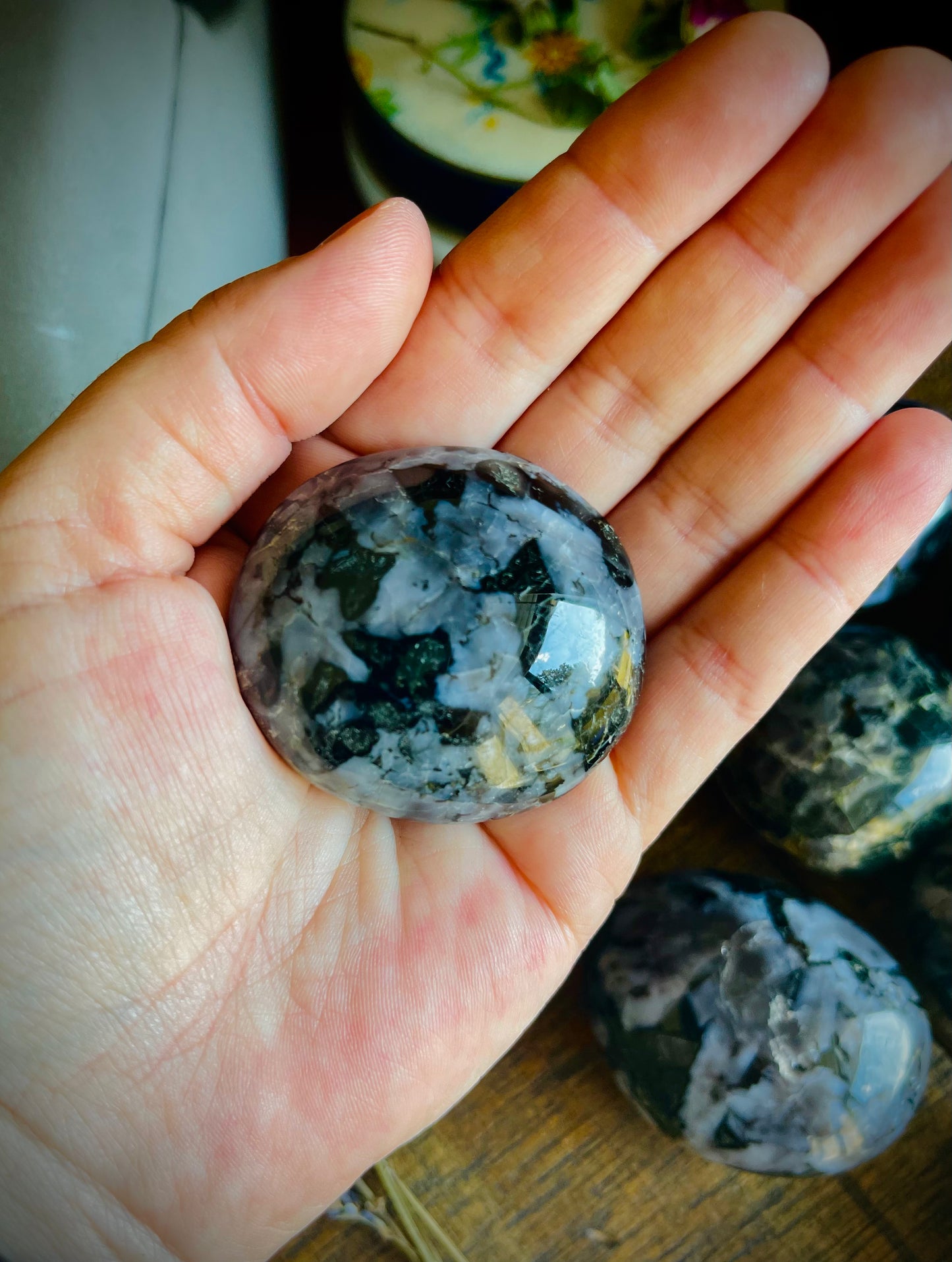 indigo gabbro/mystic merlinite palm stones