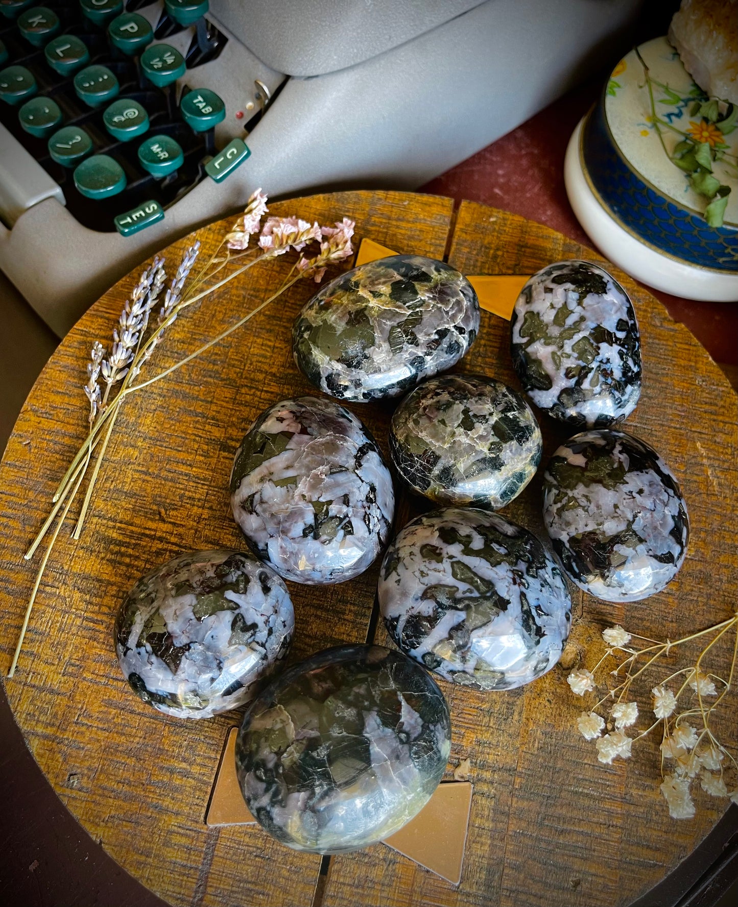 indigo gabbro/mystic merlinite palm stones