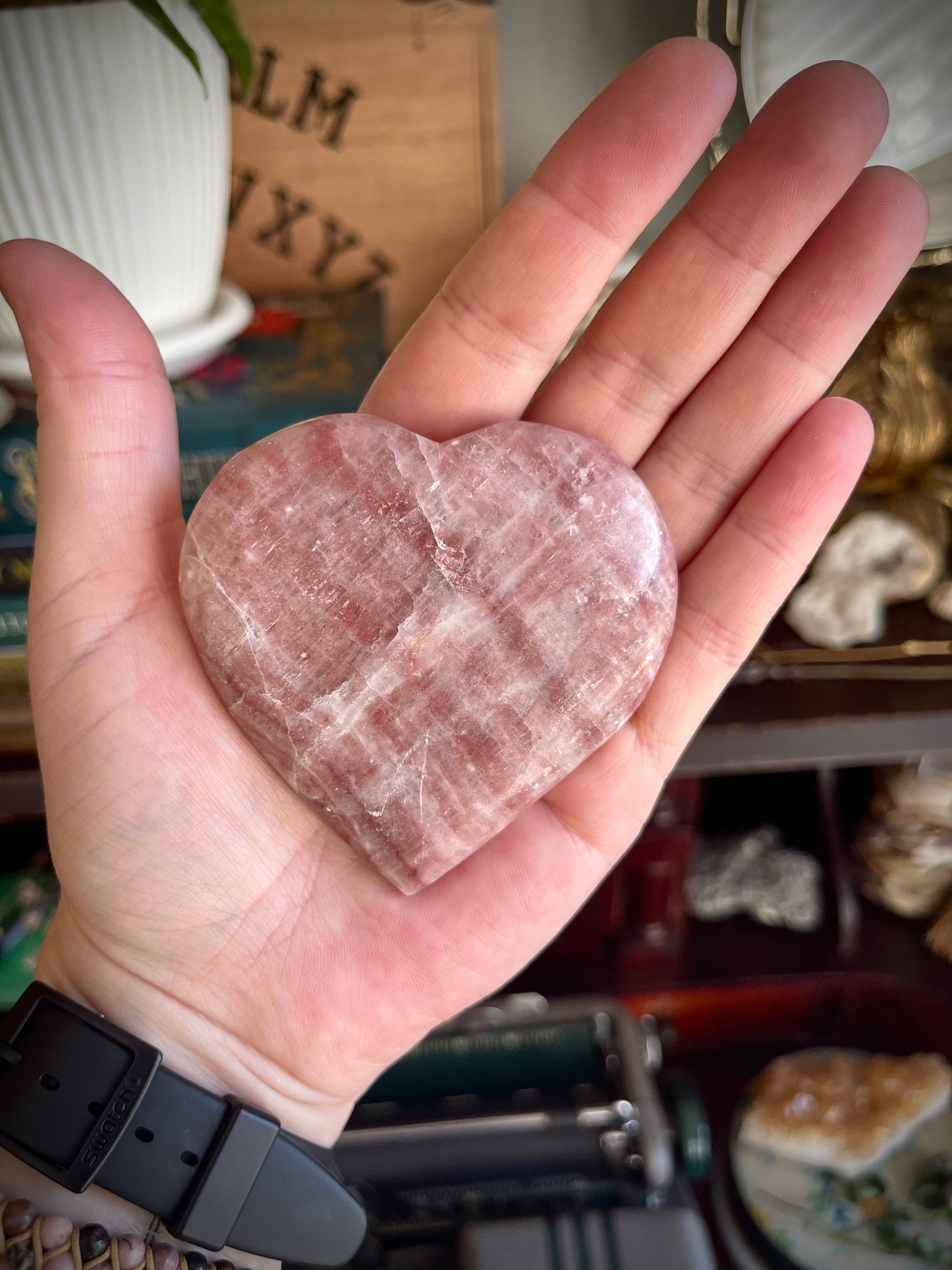 rose calcite | heart palm stones