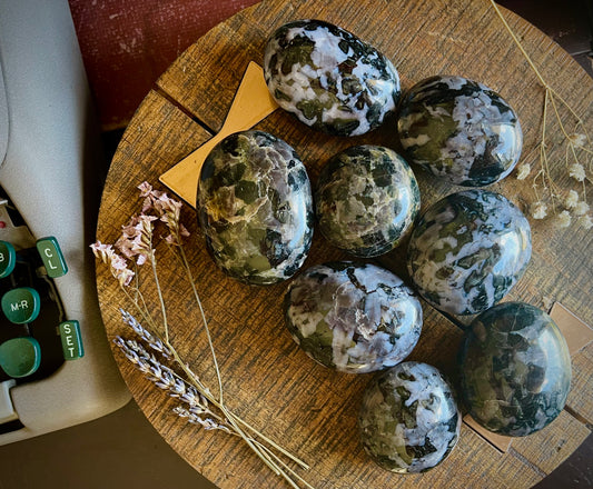 indigo gabbro/mystic merlinite palm stones