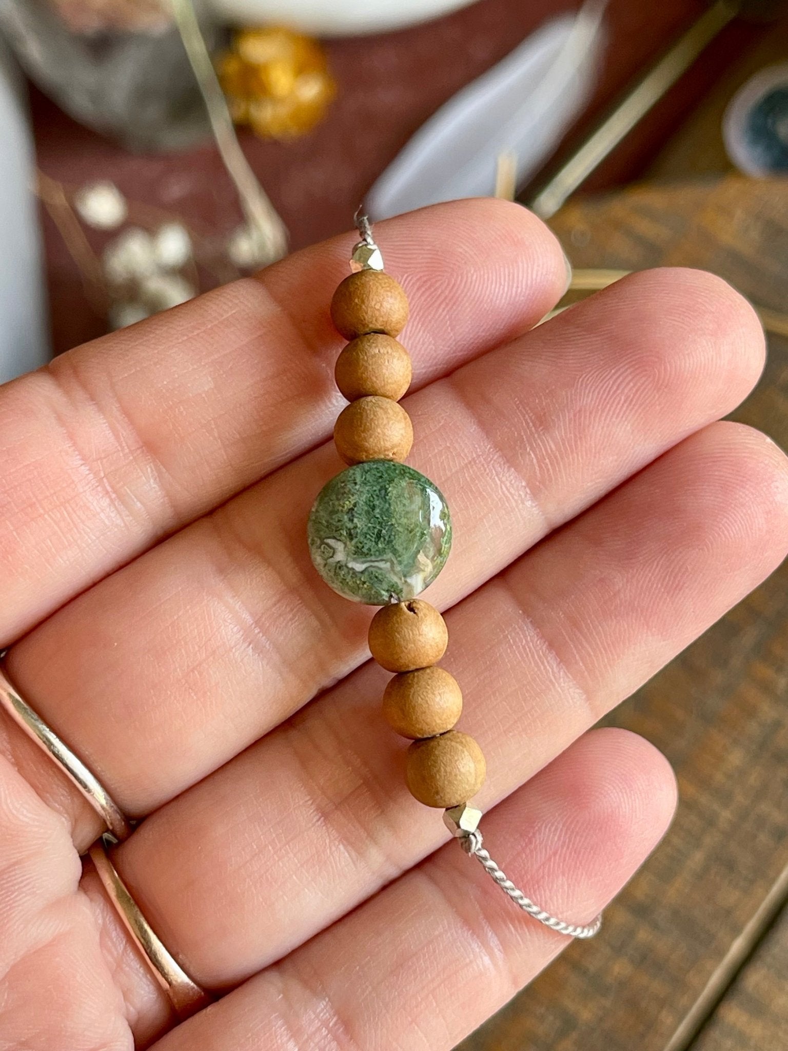 moss agate & sandalwood adjustable silk crystal bracelet - lil shop of light & love