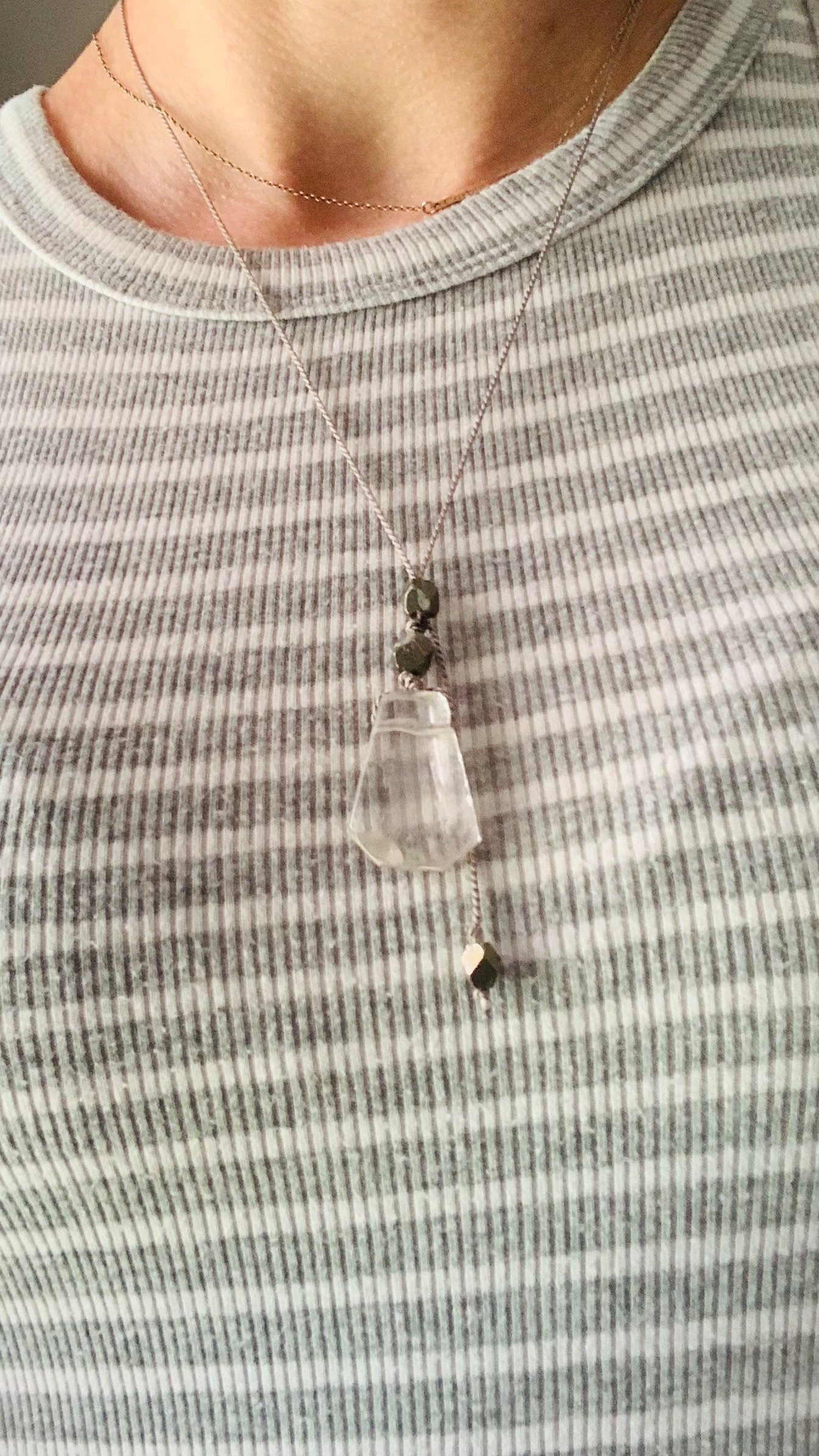 quartz lariat necklace with pyrite on gray silk - Lil Shop of Light & Love