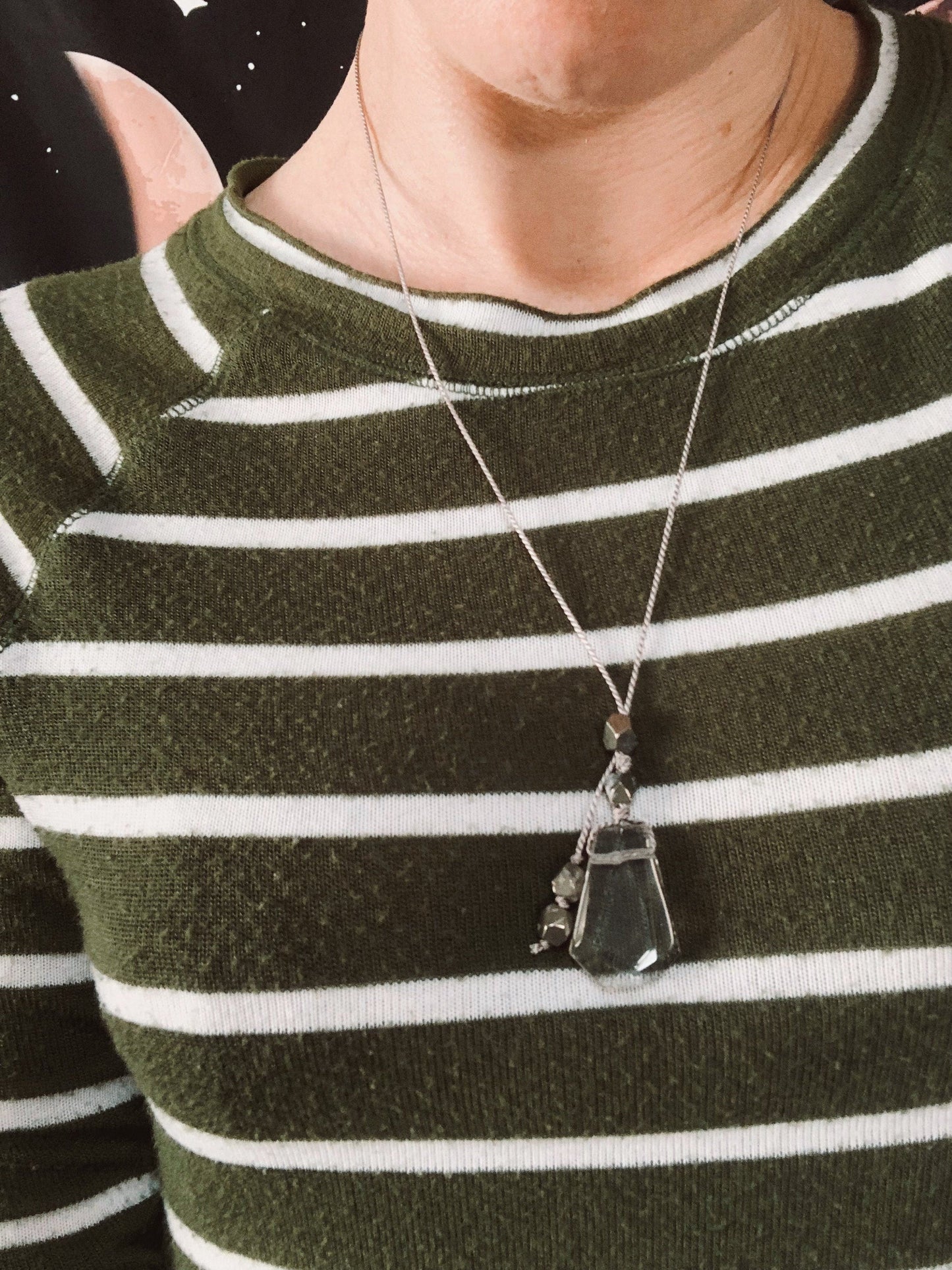 quartz lariat necklace with pyrite on gray silk - Lil Shop of Light & Love