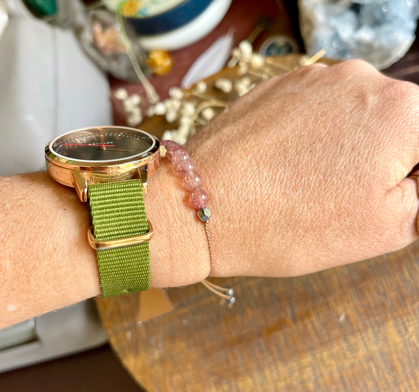 strawberry (hematoid) quartz adjustable silk crystal bracelet
