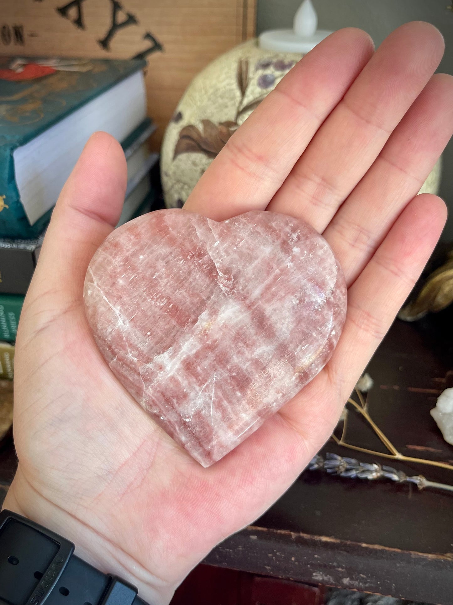rose calcite | heart palm stones