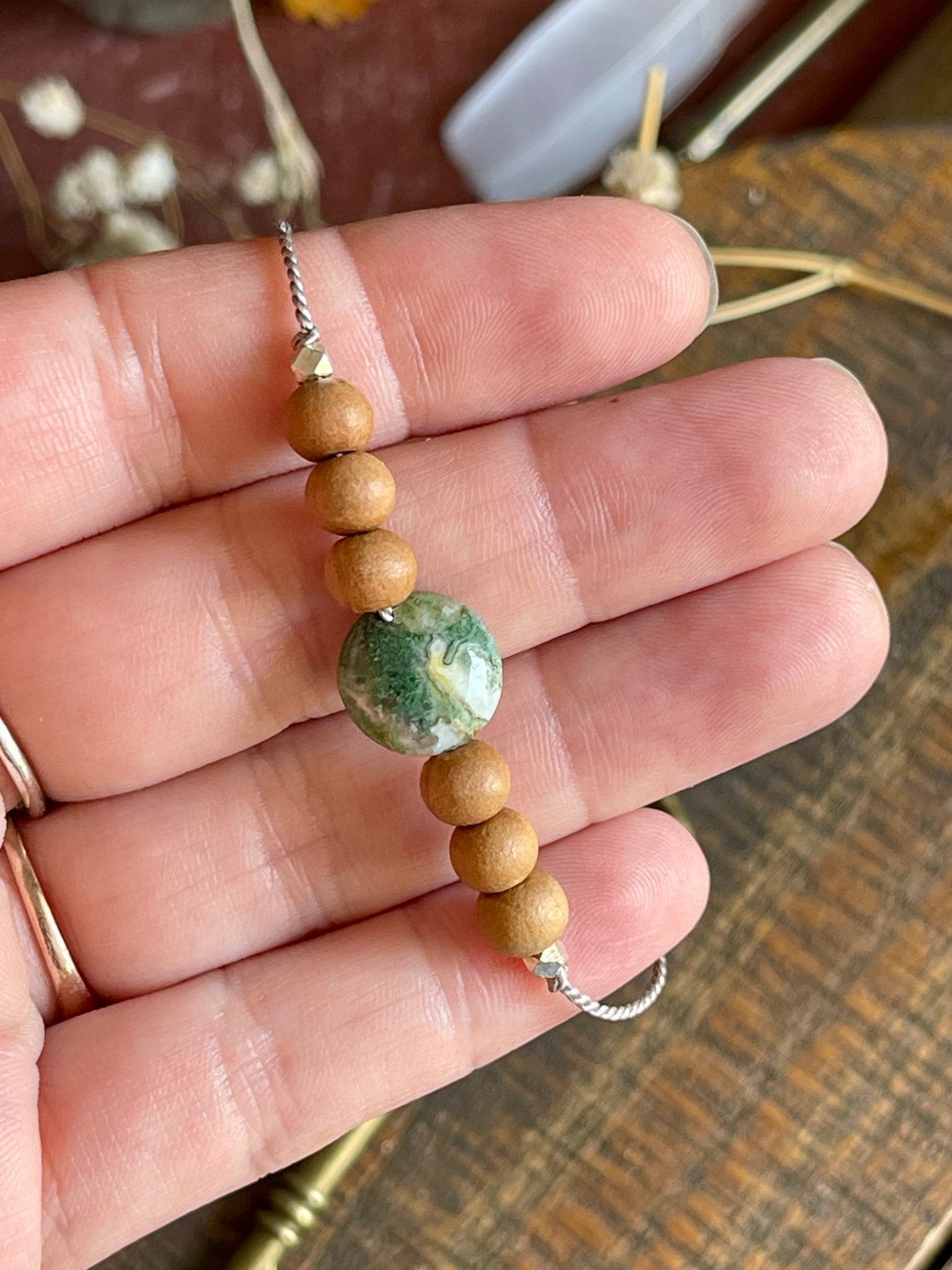 moss agate & sandalwood adjustable silk crystal bracelet - lil shop of light & love