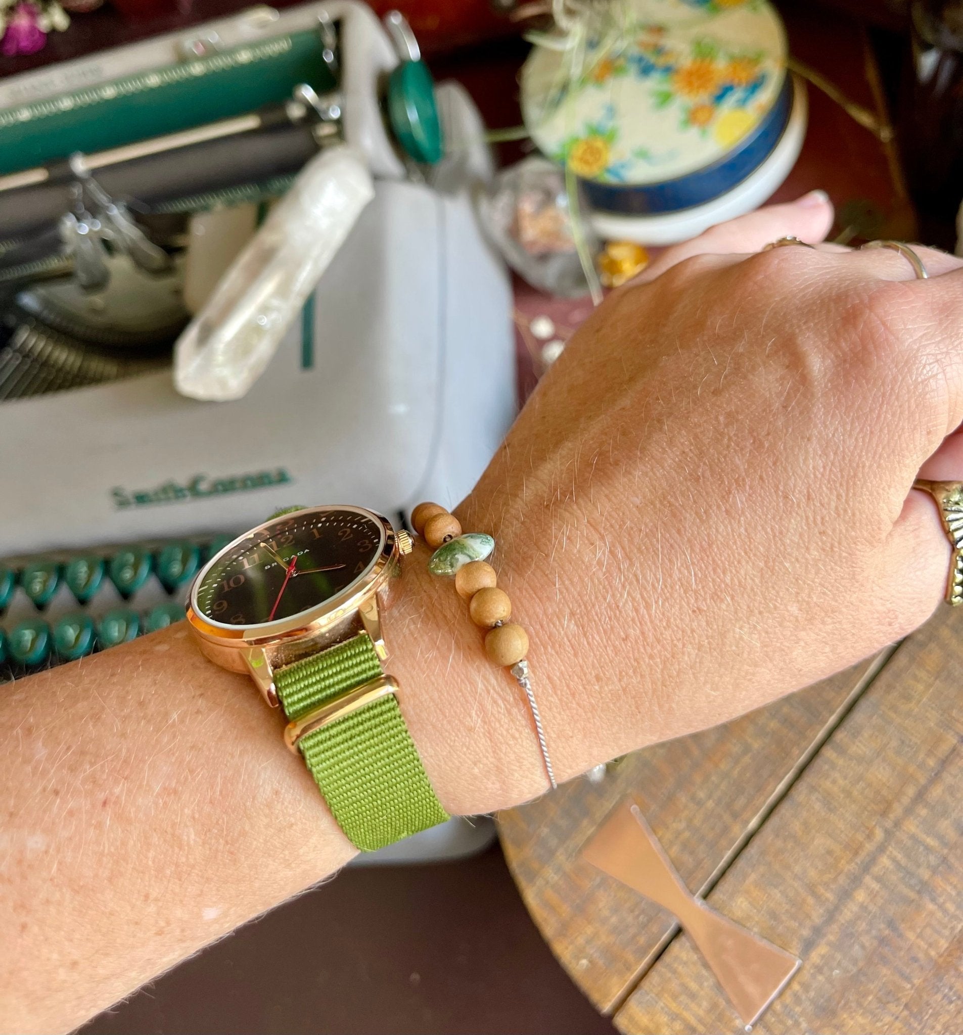 moss agate & sandalwood adjustable silk crystal bracelet - lil shop of light & love