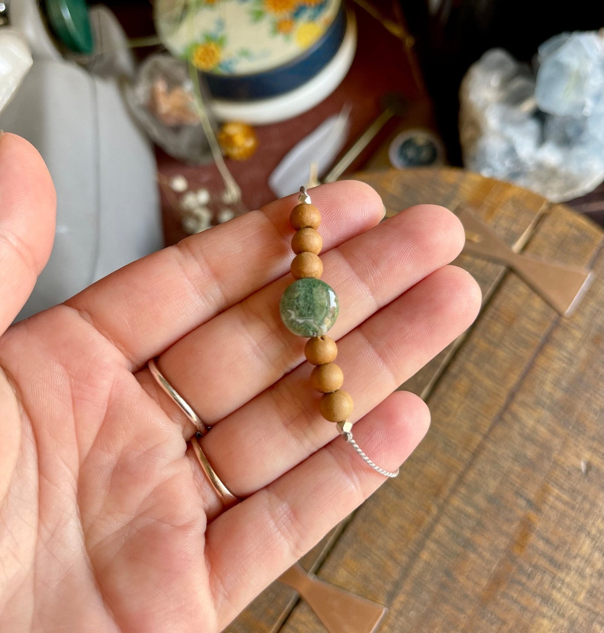 moss agate & sandalwood adjustable silk crystal bracelet - lil shop of light & love