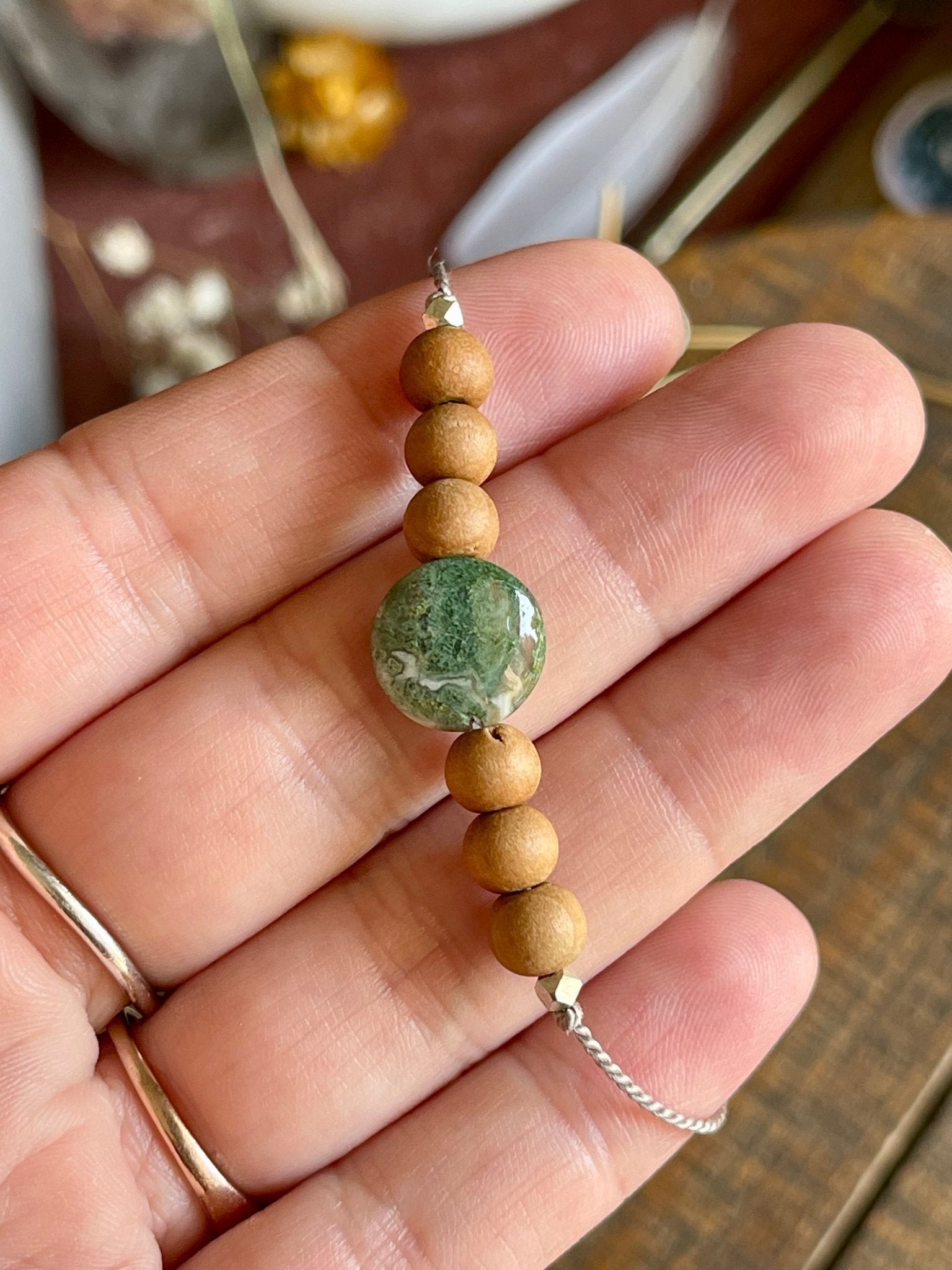 moss agate & sandalwood adjustable silk crystal bracelet - lil shop of light & love