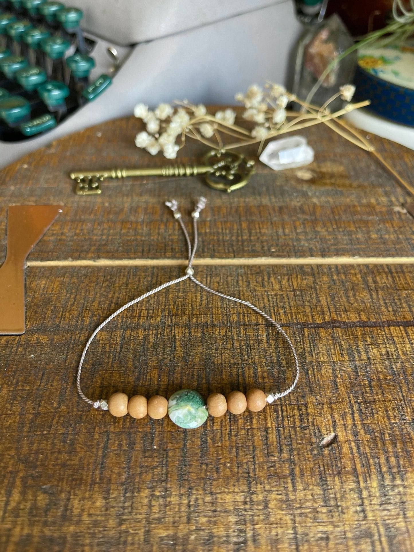 moss agate & sandalwood adjustable silk crystal bracelet - lil shop of light & love