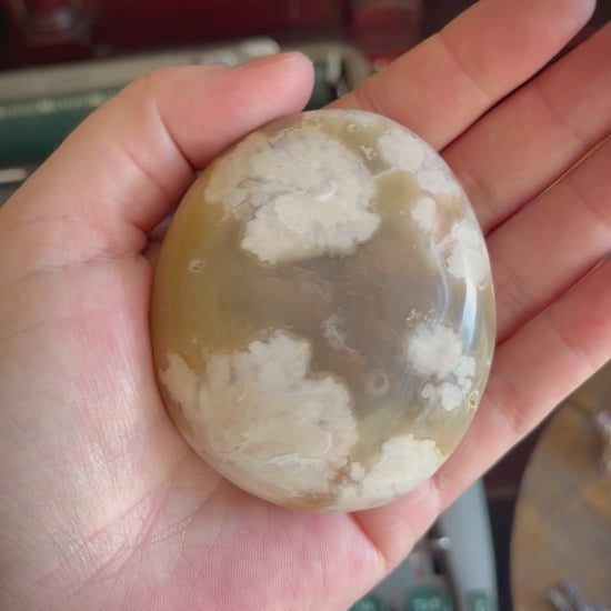 A flower agate palm stone held in a hand.