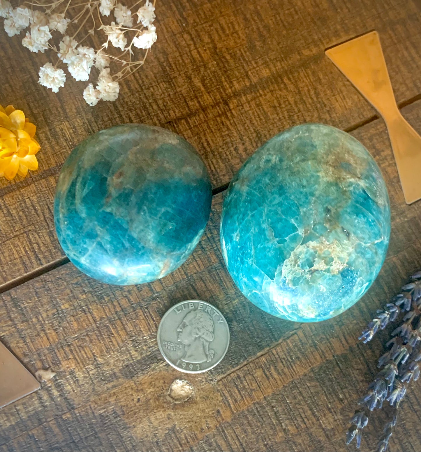 Comparison of a small blue apatite palm stone and a larger one next to a US quarter for reference.