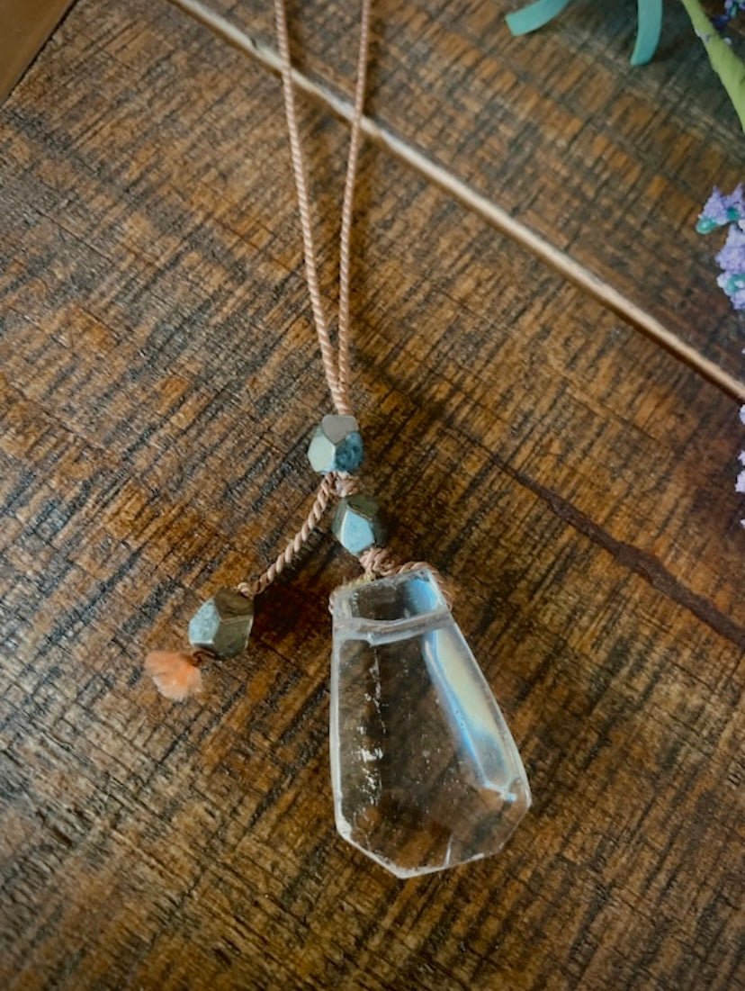 quartz lariat necklace with pyrite on choice of silk - lil shop of light & love