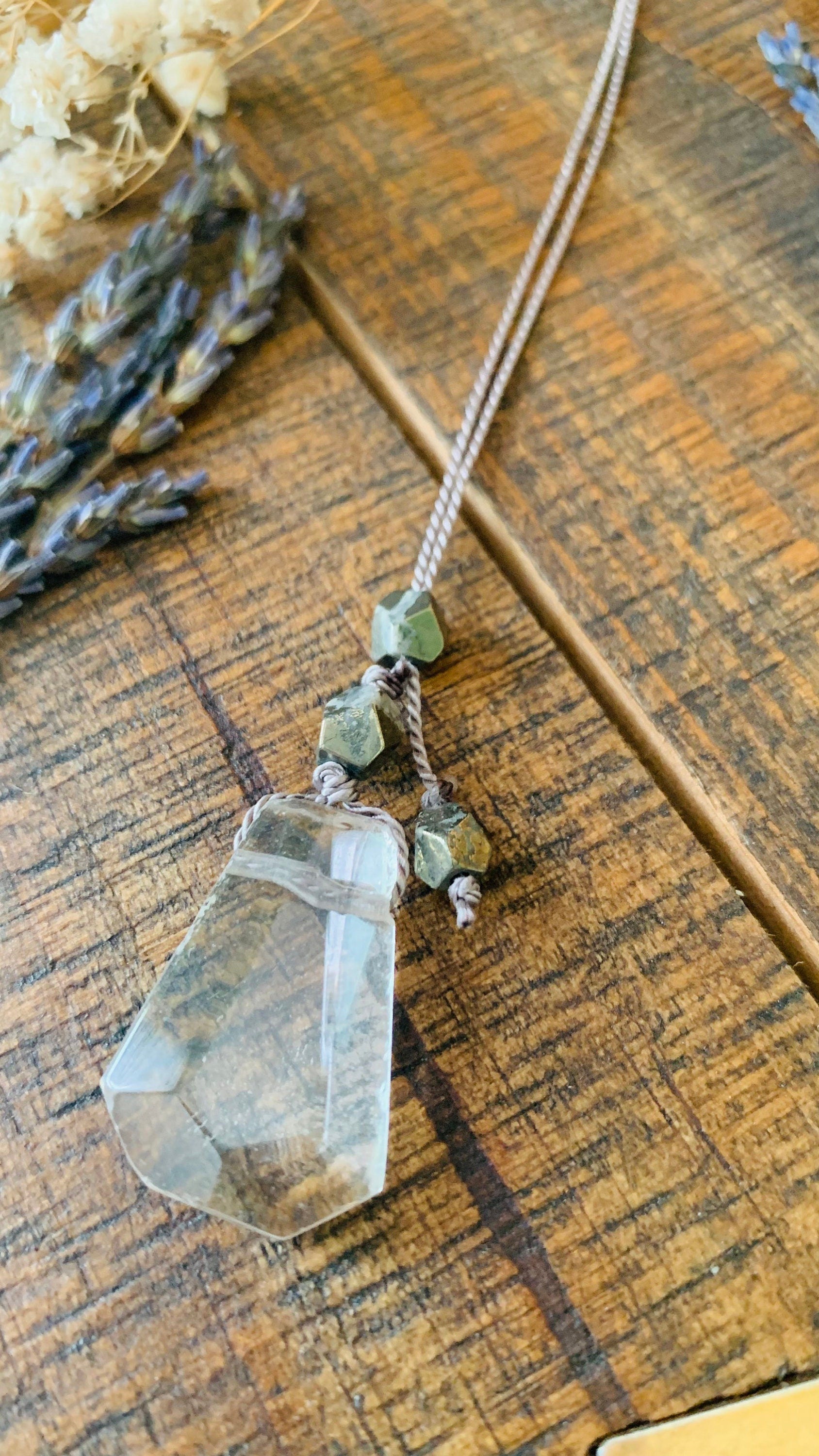 quartz lariat necklace with pyrite on gray silk - Lil Shop of Light & Love