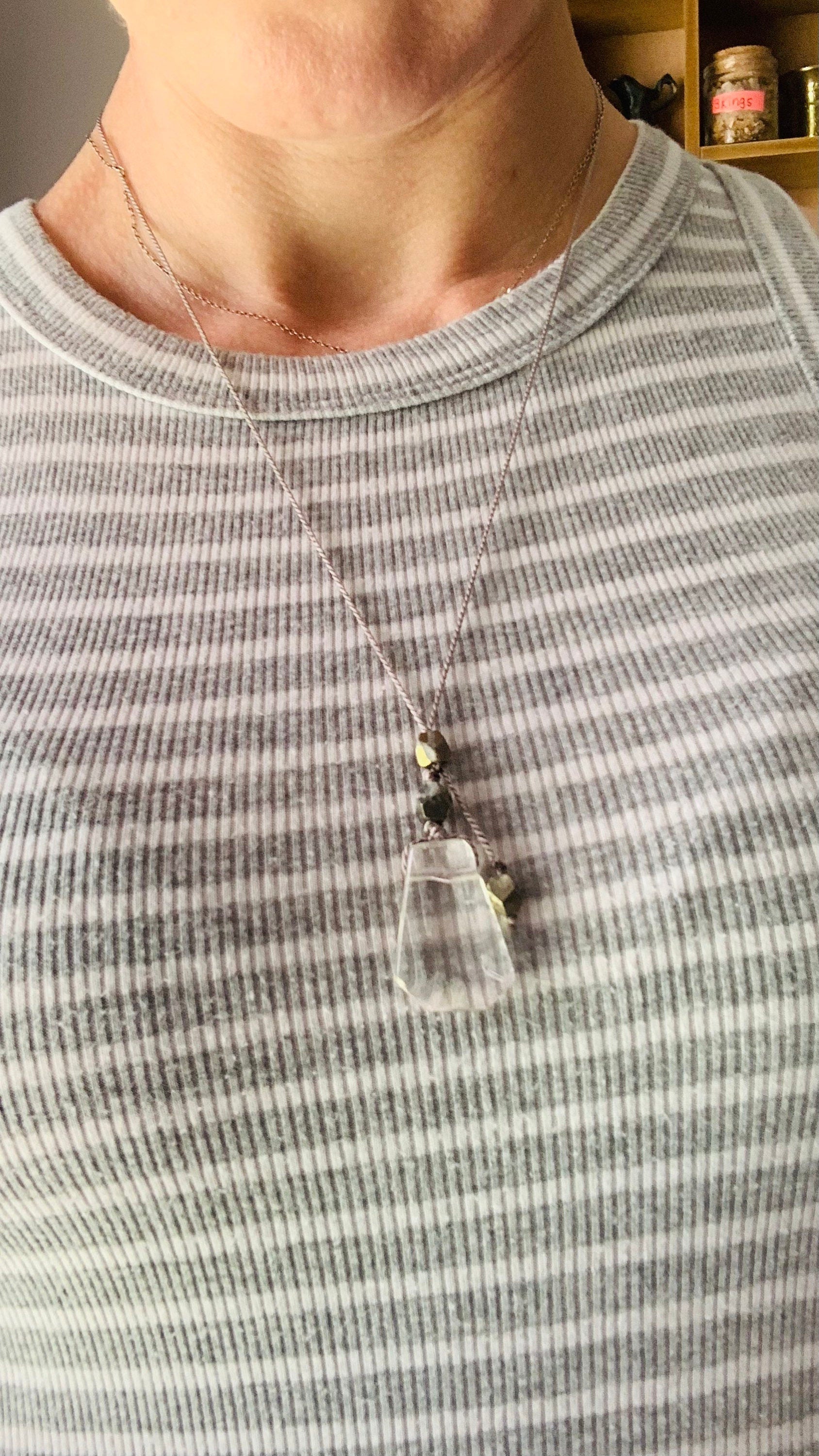 quartz lariat necklace with pyrite on gray silk - Lil Shop of Light & Love