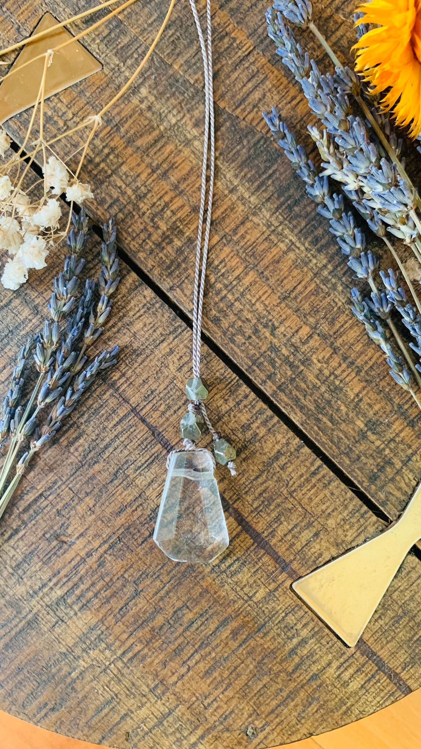 quartz lariat necklace with pyrite on gray silk - Lil Shop of Light & Love